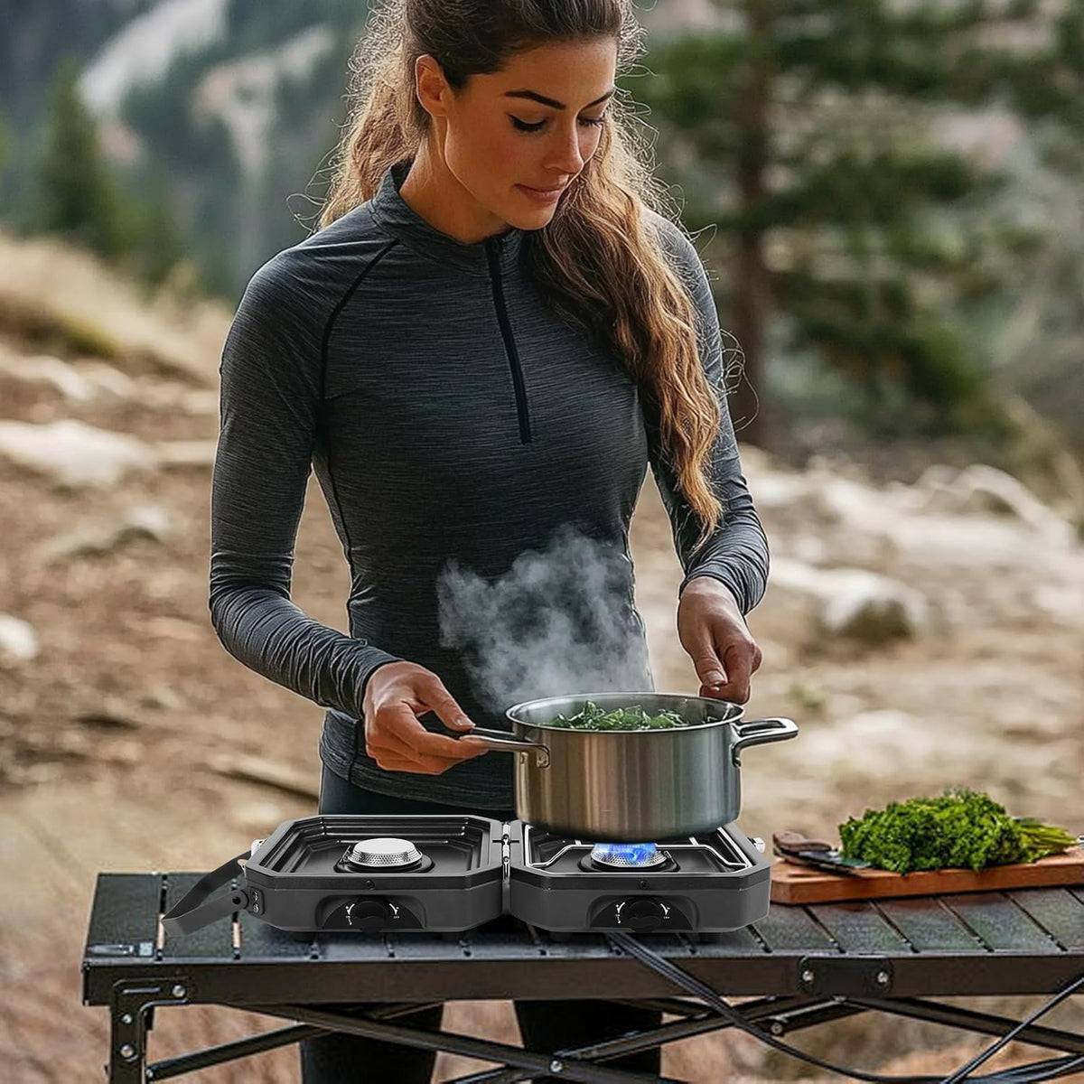 Adjustable 2 Burner Portable Camping Stove Propane (16000 BTU) with Camping Grill and Carrying Bag, Folding Propane Stove,Gas Camping Stove with Piezo Ignition for Camping, Backyard BBQ, Black