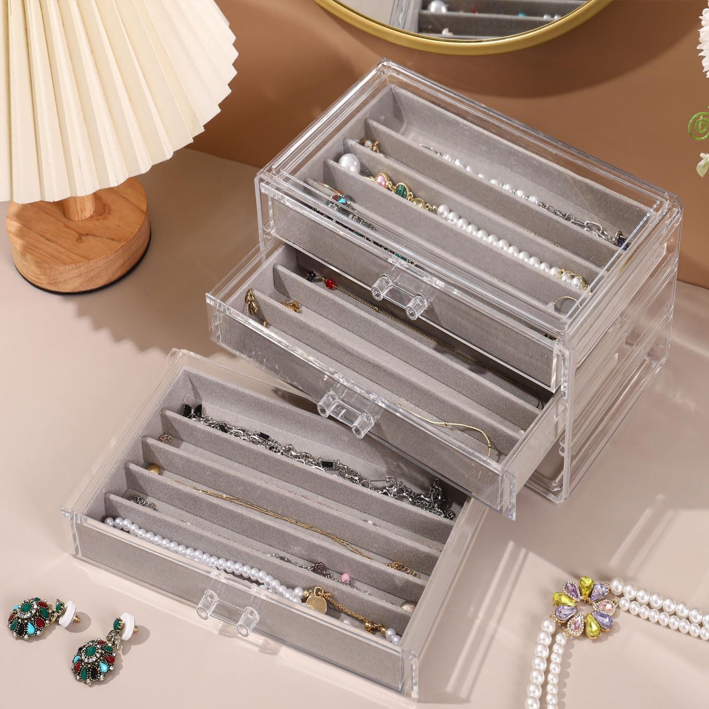Necklace Organizer Box, Tray with Clear Lid, Dustproof Velvet Necklaces Holder Storage Display Case, Necklace Tray Drawer Insert for Pendant Suitable for Women and Girls (Grey)