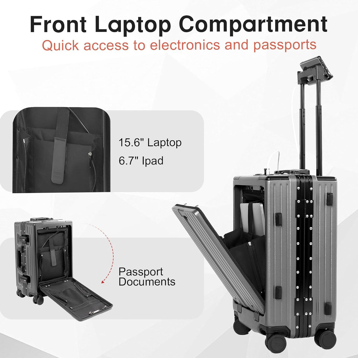 24 Inch Check-In Luggage Aluminum Frame Zipperless Luggage, Hard Shell Suitcase TSA Approved Checked Luggage, ABS+PC Lightweight Zipperless Suitcase with Spinner Wheels (Grey)