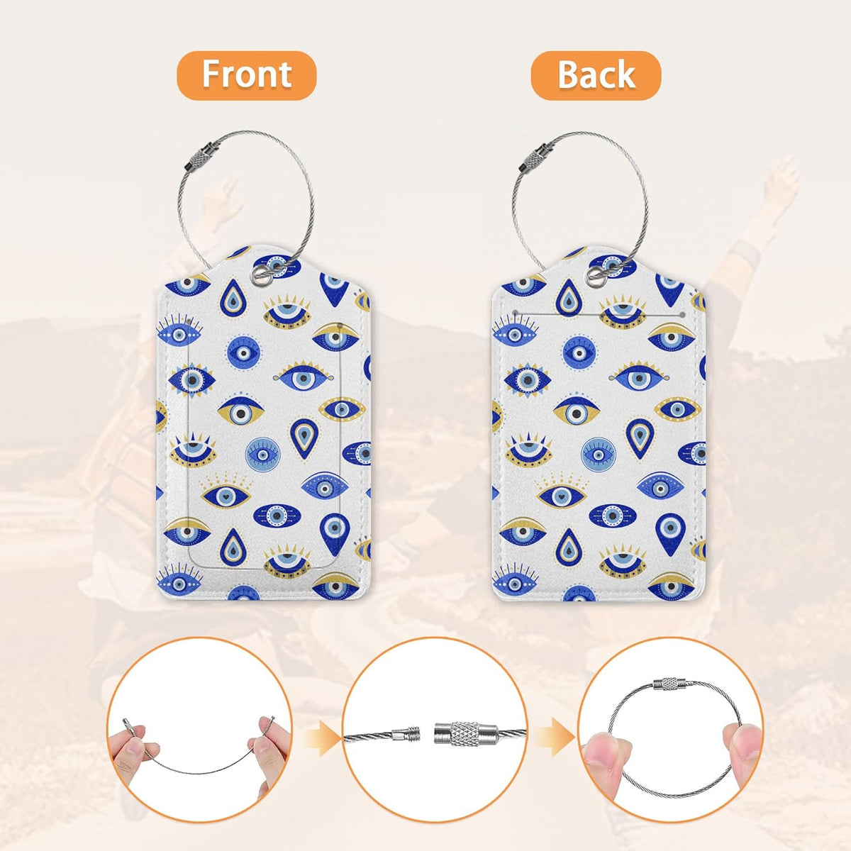 Blue Evil Eyes Hamsa Hand Luggage Tags for Suitcase,Luggage Tag with Stainless Steel Loop Privacy Cover Id Label Travel Bag Luggage Identifiers for Women Men Travel,Set of 2