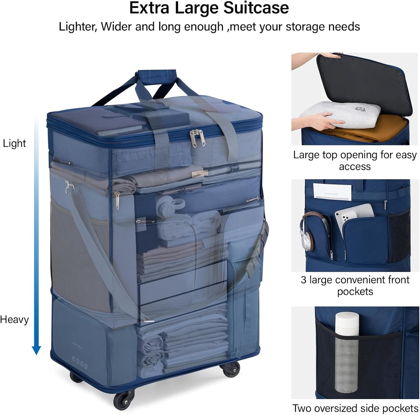 Hanke Expandable Collapsible Luggage with Wheels Suitcase Luggage Rolling Travel Bag Duffel Bag for Men Women Lightweight Suitcase Large Capacity Luggage with Spinner Wheel (Blue)