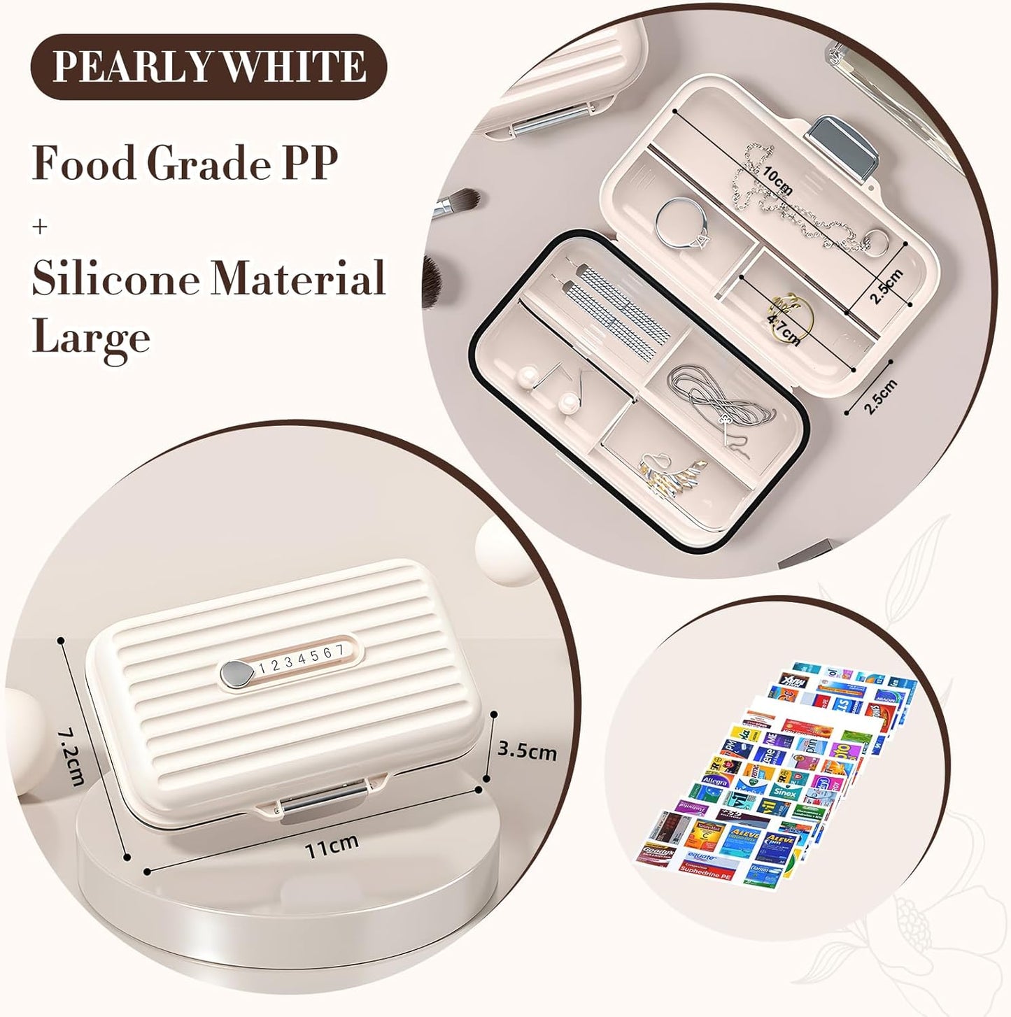 Travel Pill Organizer Box with Medicine Labels, 7 Compartments Portable Pill Case, Daily Medication Organizer Storage Pill Container for Pocket Pharmacy(Pearly White, L)