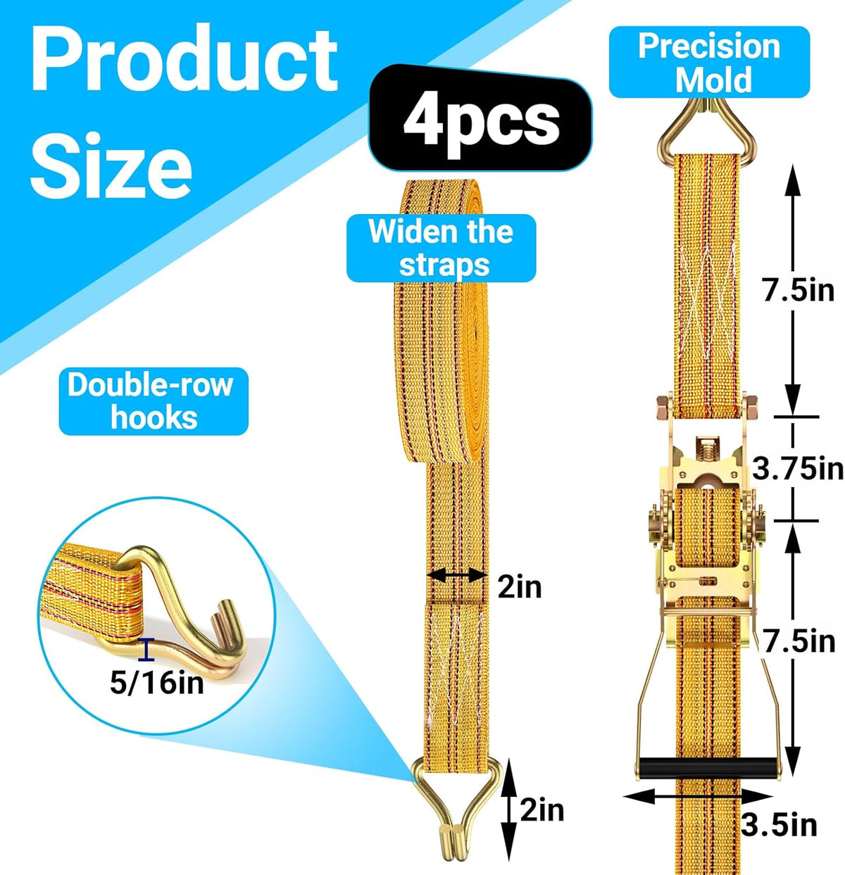 4Pack Heavy Duty Ratchet Straps, 2” 32Ft Ratchet Tie Down Strap, Tie Down Ratcheting with Double J Hook, 4000 LB Break Strength Cargo Straps Ratcheting for Moving Cargo, Lawn Equipment and Motorcycles