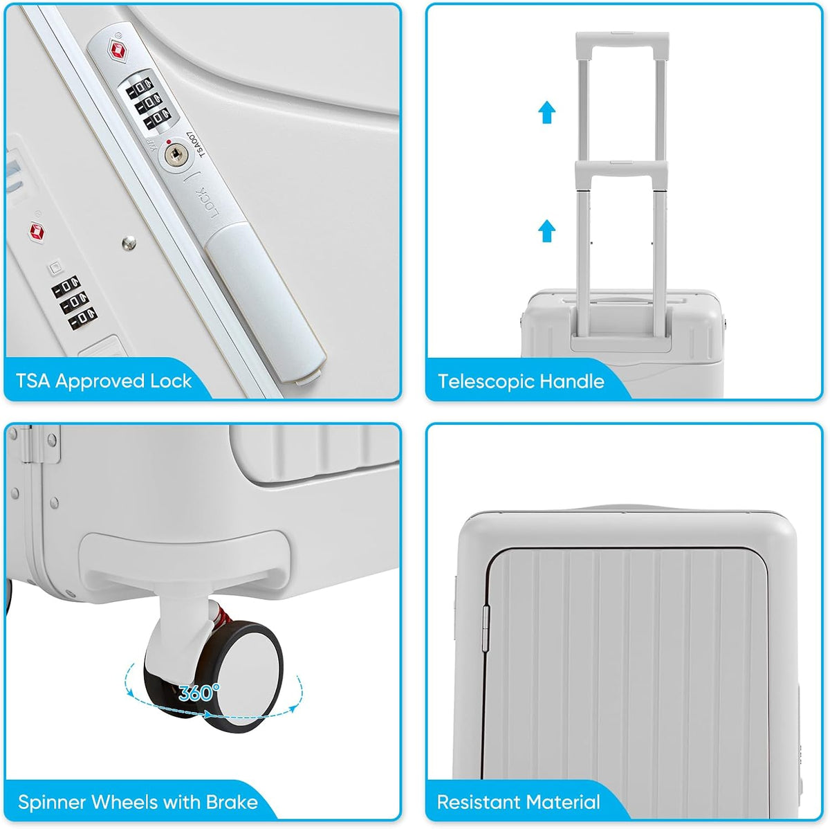 TABU 20" Ride-on Luggage with Seat，Front Opening Carry-On Hardshell Ride On Suitcase with Built-in Charging Port, 360° Lockable Spinner and TSA Lock, for Kids & Adults, White