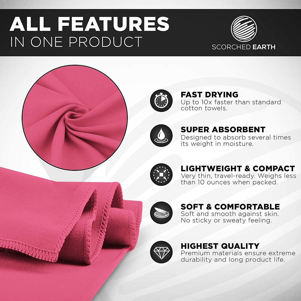 ScorchedEarth Microfiber Travel & Sports Towel Set - Quick Dry, Super Absorbent, Compact, Lightweight - for Camping, Backpacking, Hiking, Beach, Yoga, Swimming - Includes 2 Sizes + Carrying Bag & Clip