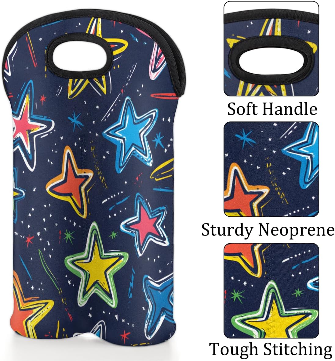 Neoprene Wine Tote, Bottle Carrier Gag Insulating Neoprene Thicker, Insulated Wine Bag for Travel Holds Two Bottles, Bottle Carrier Bags Protect the Bottles, Colorful Stars