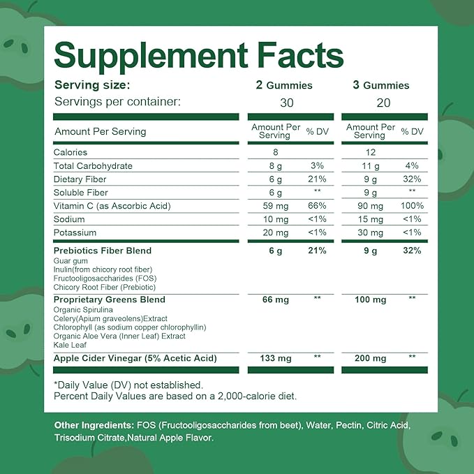 13-in-1 Fiber Gummies for Adults, Fiber Supplement for Digestive Health, Gut & Immunity, Prebiotic Fiber with Greens Blend & ACV - Non-GMO, Sugar Free – 60 Vegan Gummies, Apple Flavor