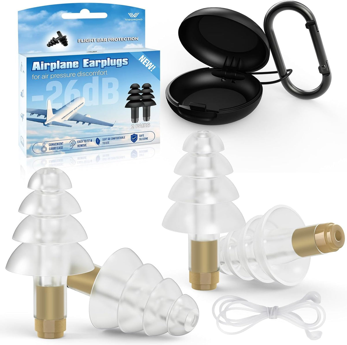 Ear Plugs for Airplane Pressure Relief, 2 Pairs Adults Soft Silicone Reusable Airplane Earplugs 26dB, with Silicone Connector Cord, Travel Essentials for Flying, Ear Protection Earplugs for Plane