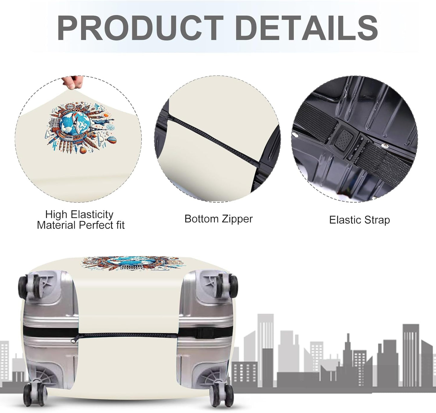 ANNA QUEEN Travel Around the World Luggage Cover, Colorful Landmark Suitcase Protector with Airplane & Globe Design, Stretchable, Washable Travel Sleeve for 24-26 Inch Luggage
