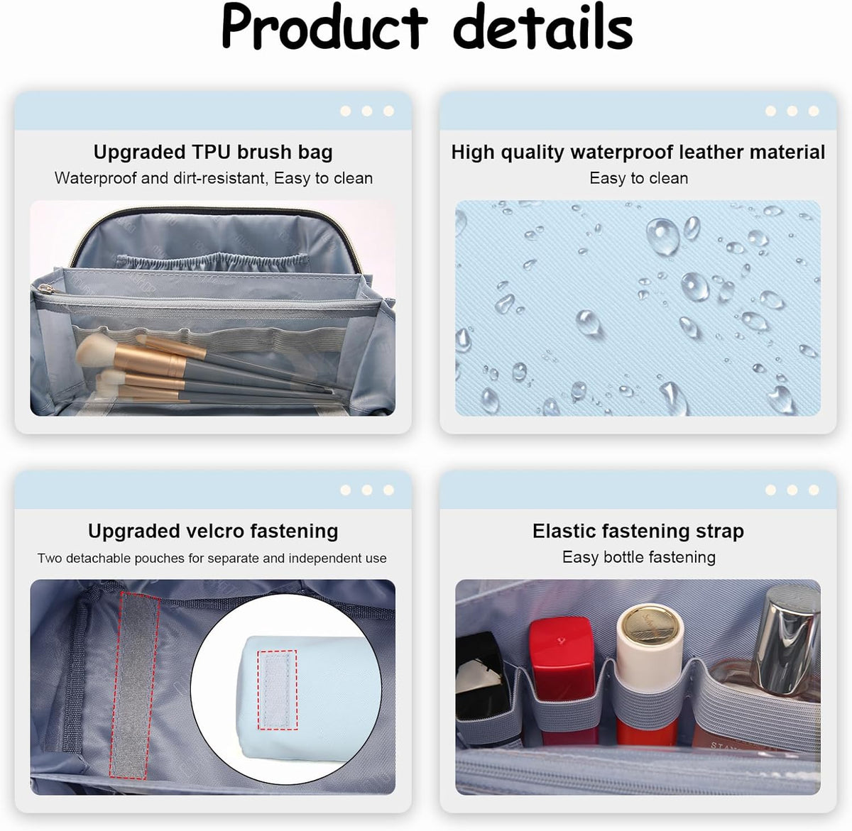BOYATU Travel Makeup Bag Organizer Cosmetic Bag: 3 Pcs Set Make up Bags for Women with Handle - Waterproof Vegan Leather Toiletry Bags with Comparments (D-05-Blue)