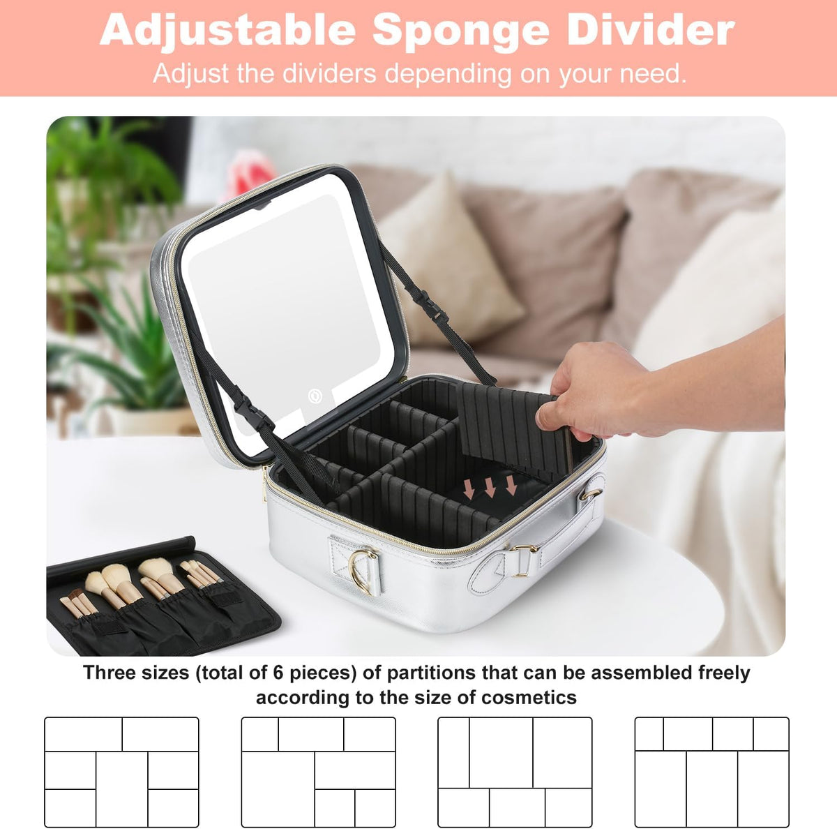 Mocado Travel Makeup Bag with LED Lighted Mirror,Travel Makeup Organizer,Makeup Case with 3 Color Lighted Setting and 10x Magnifying Mirror,Portable Storage and Adjustable Dividers Makeup Box(Silver)
