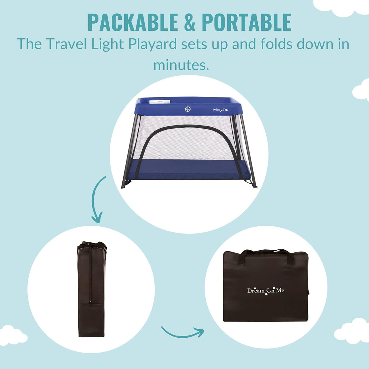 Dream On Me Travel Light Playard with Mesh Zipper Door in Navy