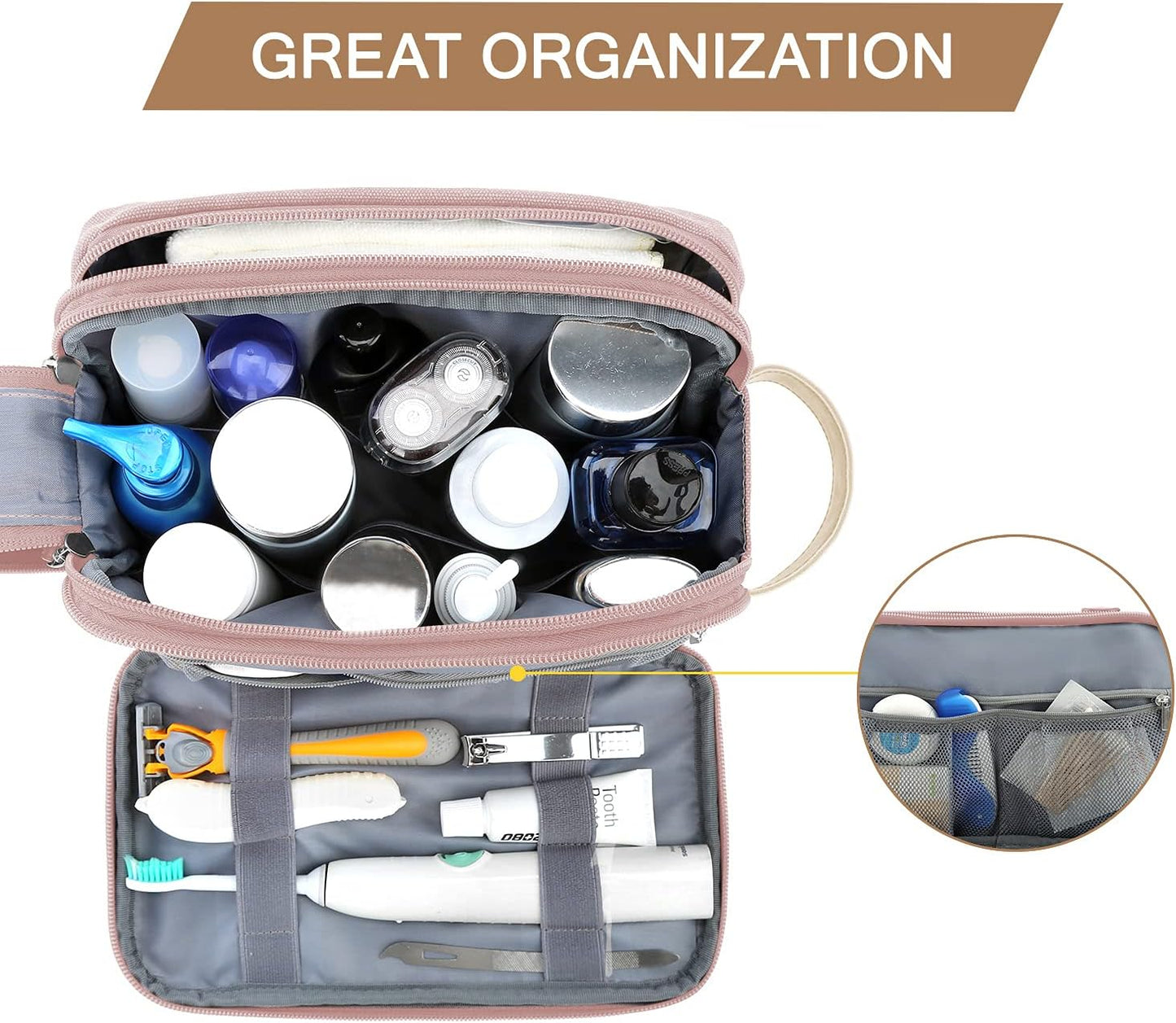 BAGSMART Toiletry Bag for Women, Cosmetic Makeup Bag Organizer, Travel Bag for Toiletries, Dopp Kit Water-resistant Shaving Bag for Accessories, Pink-Medium
