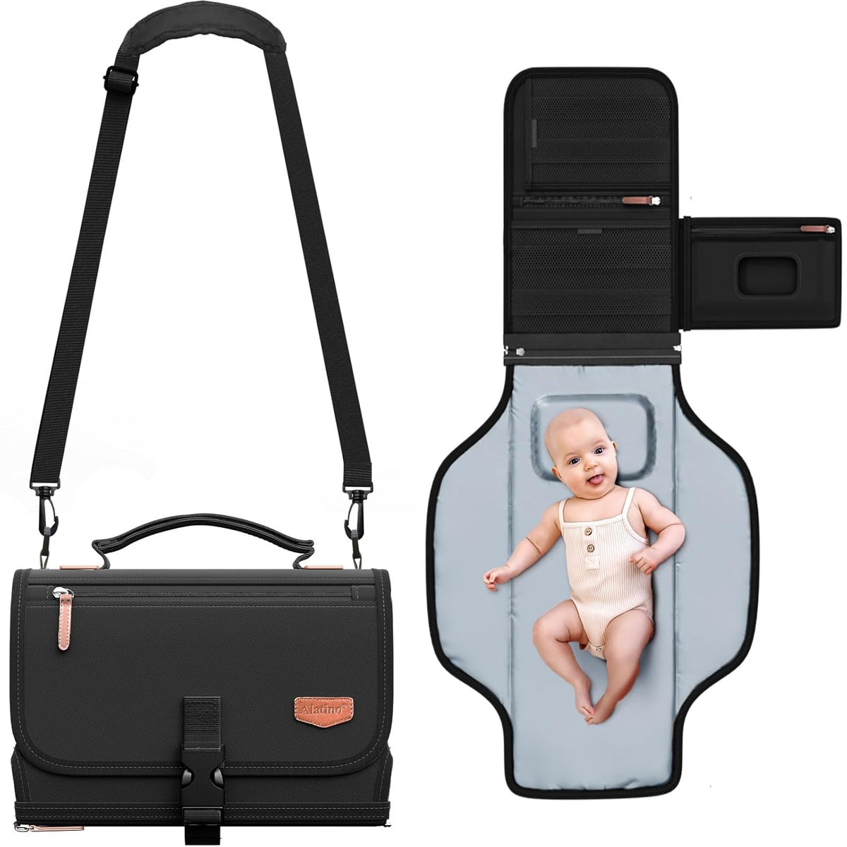 Portable Diaper Changing Pad with Shoulder Strap, Detachable Travel Changing Pad with Baby Wipes Pocket, Gifts for Baby Shower, Newborn Girls and Boys (Black)