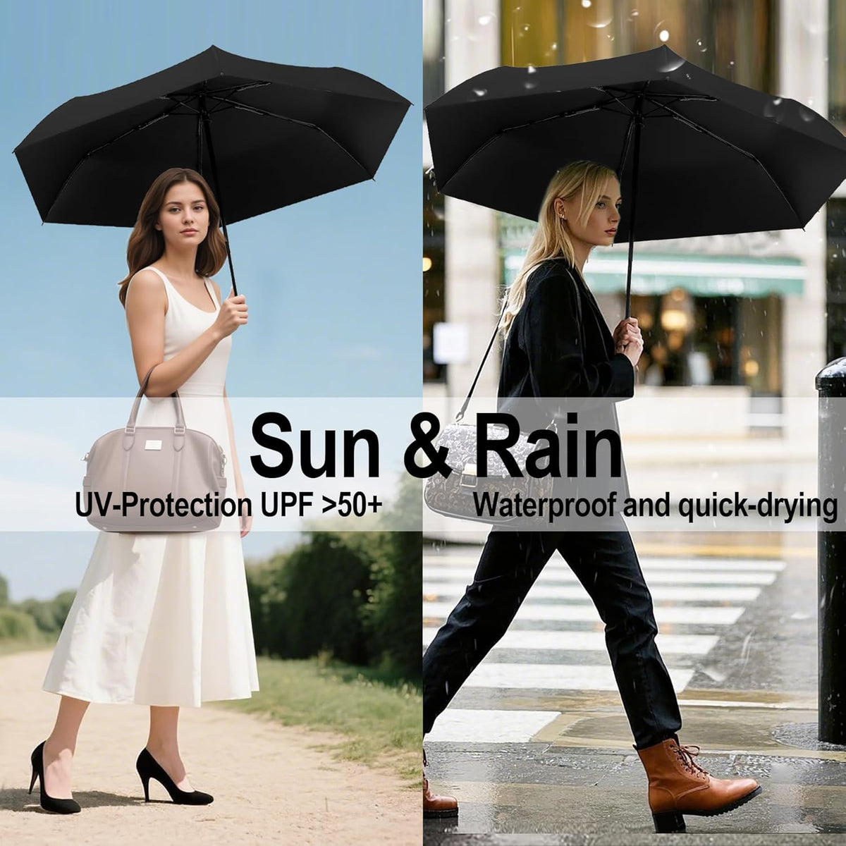 Auto Open Close Umbrella - Ultra Light Compact Travel & Backpack Size for Women and Men, UPF 50+ Eco-Friendly Sun Protection & Windproof Rain Umbrella with UV Defense