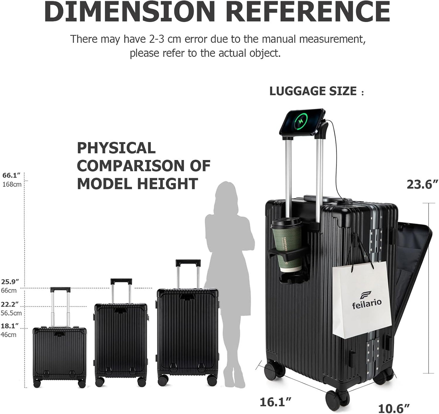feilario 24in Aluminium Frame PC Hard Shell Spinner Wheels Luggage, Built-In TSA lock Carry on Suitcase, with Cup Holder, USB Port, Phone Holder ﻿