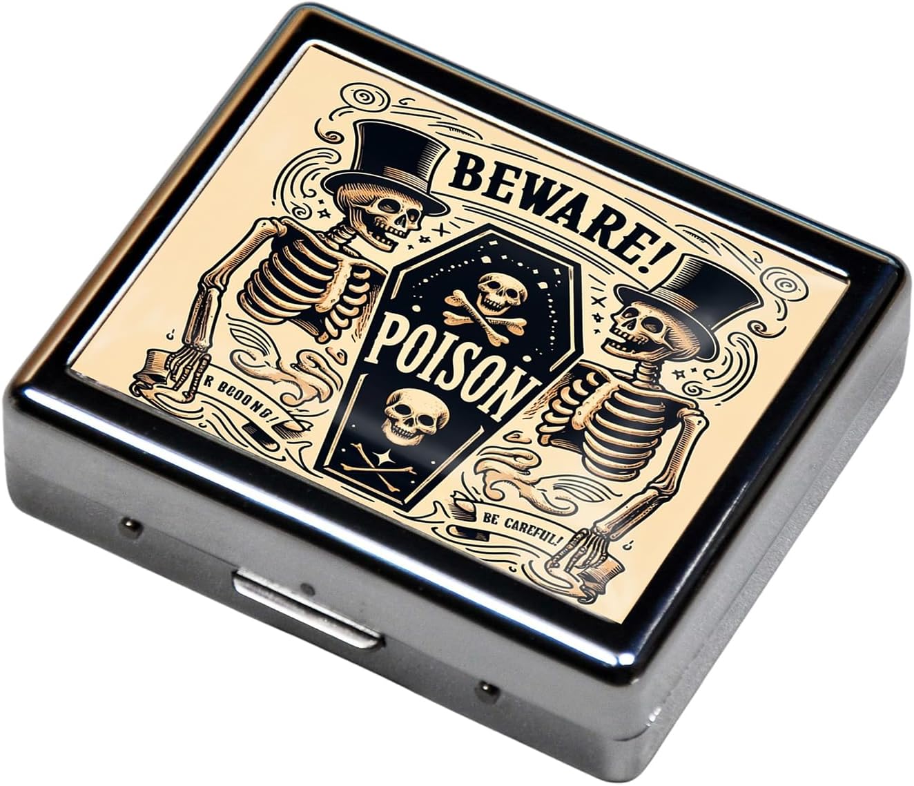 Cute and Portable Metal Pill Organizer – 8 Compartments, Elegant Chrome Finish, Ideal for Travel and Daily Use (Beware Poison Coffin)