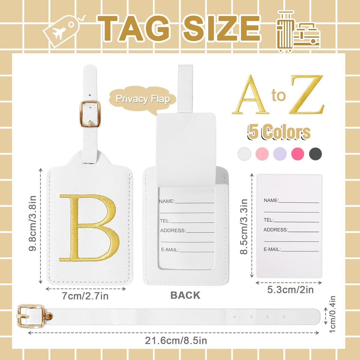 Personalized Initial Luggage Tags for Suitcase TSA Approved, White Leather Cute Luggage Tag with Privacy Cover Name Card, Embroidered Custom Luggage Tags Travel Baggage Tags Gifts for Women Kids(B)