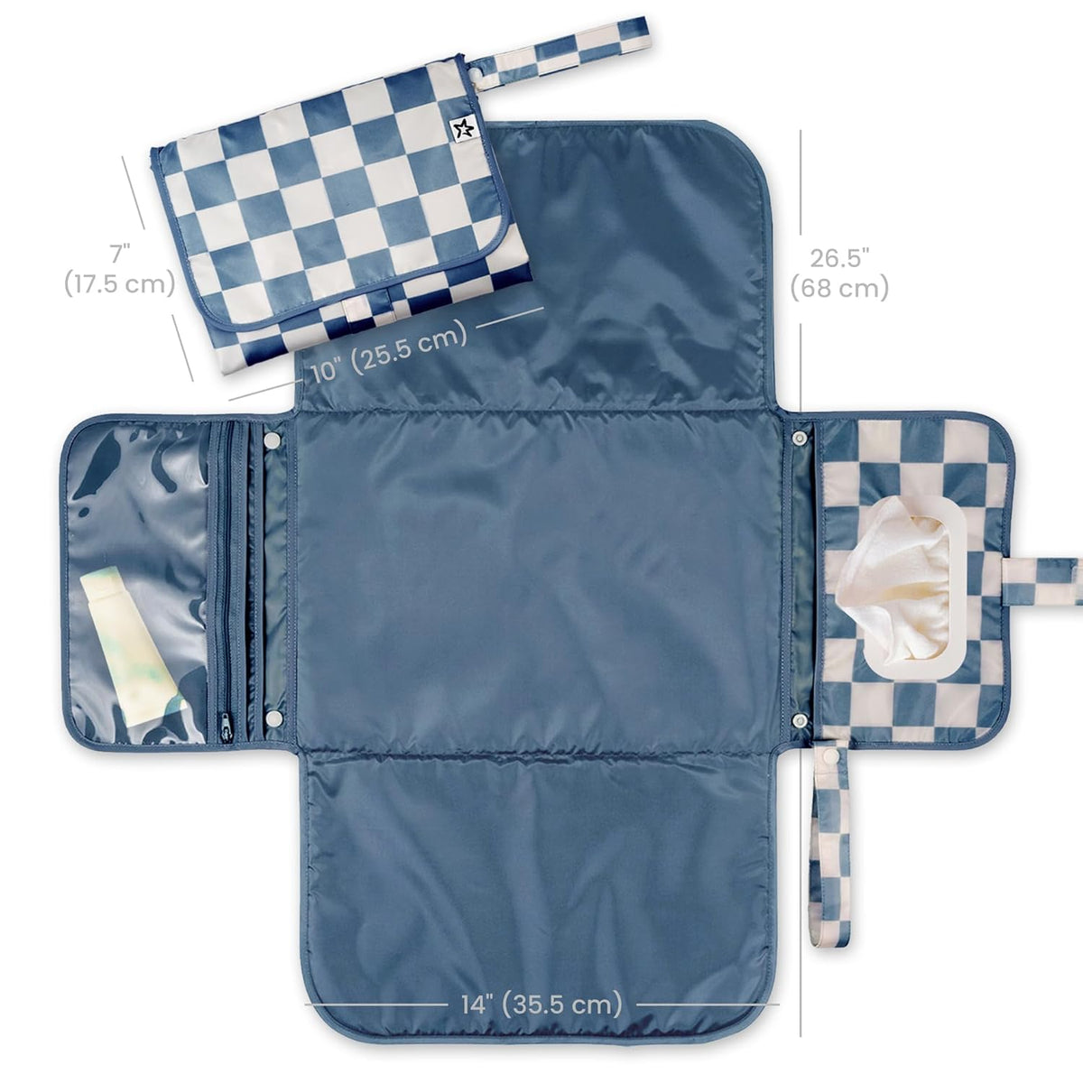 Tiny Twinkle Portable Diaper Changing Pad-Foldable Waterproof Changing Mat&Portable Changing Pad for Travel,Baby Changing Station with Smart Wipes Pocket&Storage (Blue Checkers)