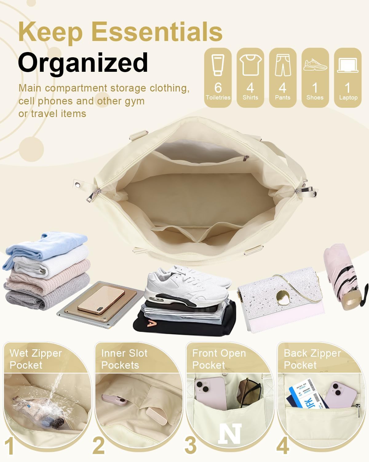 Initial Travel Duffel Bag Sports Gym Bag for Kids Teen Birthday Gifts,Beige Personalized Weekender Bag Carry On Dance Bags for Women Men,Waterproof Monogram Overnight Bag with Trolley Sleeve(Letter N)