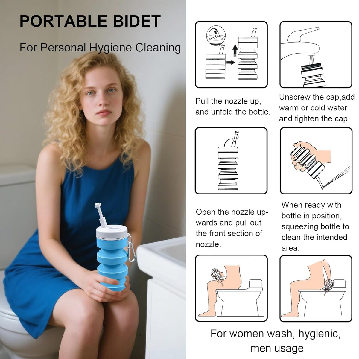Collapsible Handheld Bidet Portable With Retractable and Angle-Adjustable Nozzle,Hook,300ML,Silicone Peri Bottle For Personal Hygiene Cleaning,Outdoors Camping & Travel,Bidet Sprayer for Women Men 1Pc
