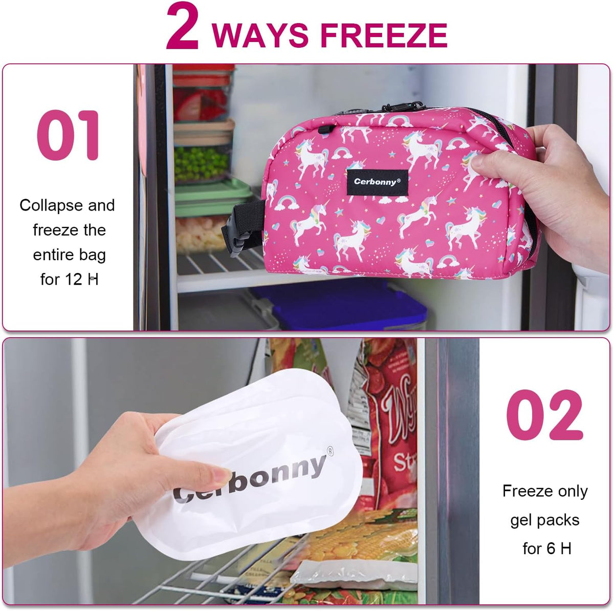 Cerbonny Small Cooler Bags: Freezable, Insulated Lunch Bags for Work/School Travel - fits Yogurt | 3+(Unicorn)