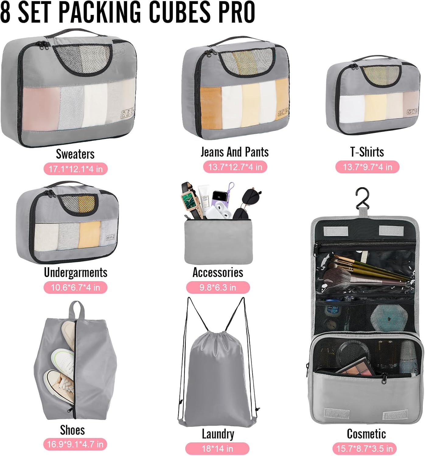 Veken 8 Set Packing Cubes for Travel Essentials, Suitcase Organizer Bags in 4 Sizes, Carry-On Luggage Accessories with Large Laundry & Hanging Toiletry Bag, Must-Have for Airplane, Road Trip & Camping