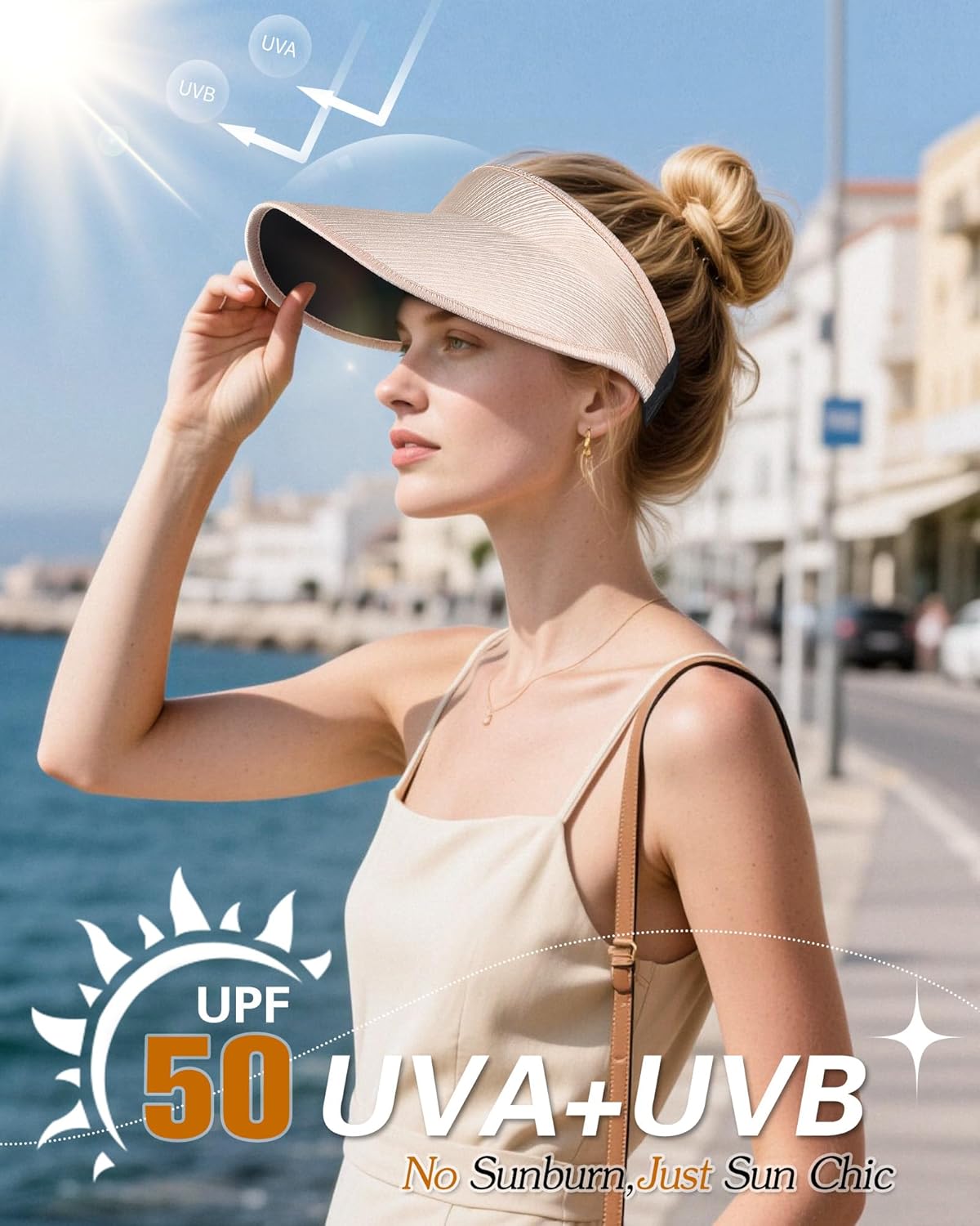 Sun Visor Hats for Women,UPF50+ Wide Brim Sun Hats Adjustable Foldable Beach Hats for Daily Travel