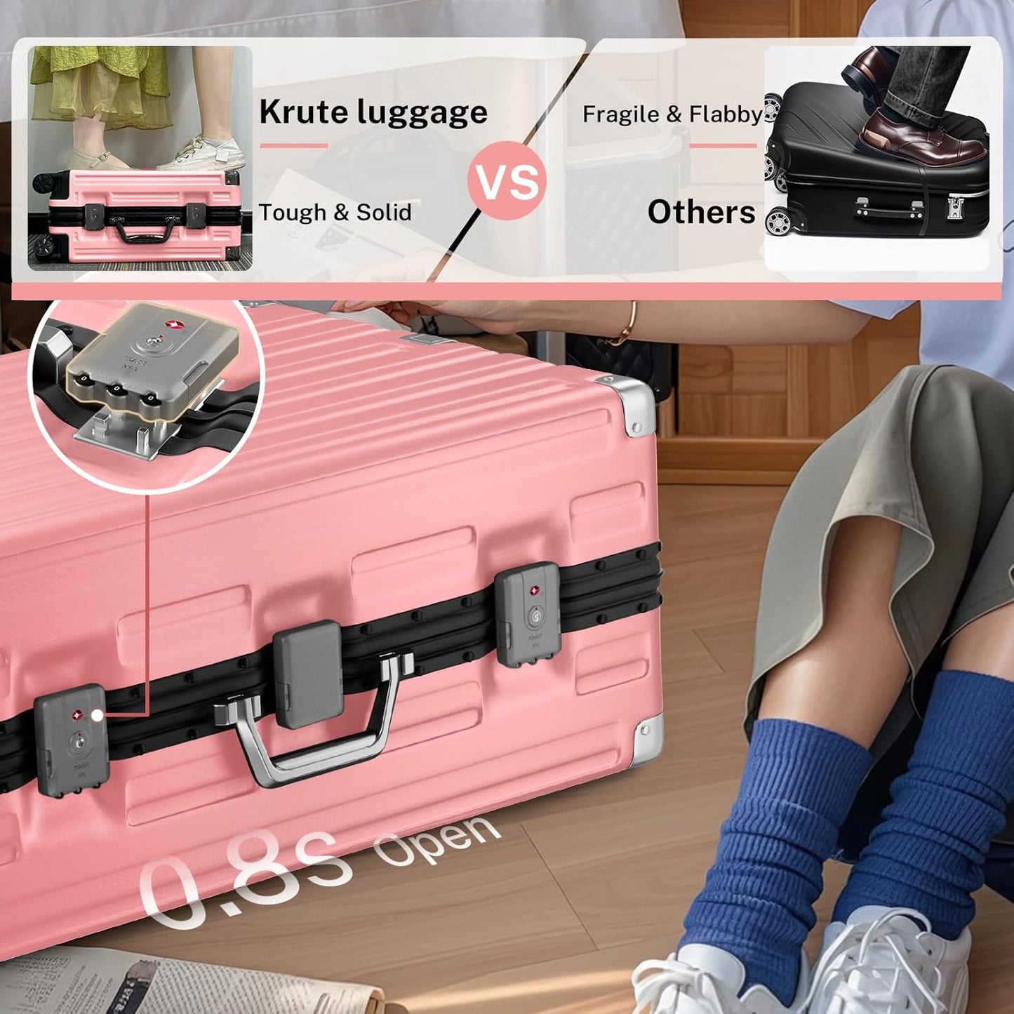 Krute Aluminum Frame Luggage 28 Inch TSA Lock No Zipper Luggages Checked Suitcase with Spinner Wheels Hardshell Lightweight PC+ABS Large Suit Case