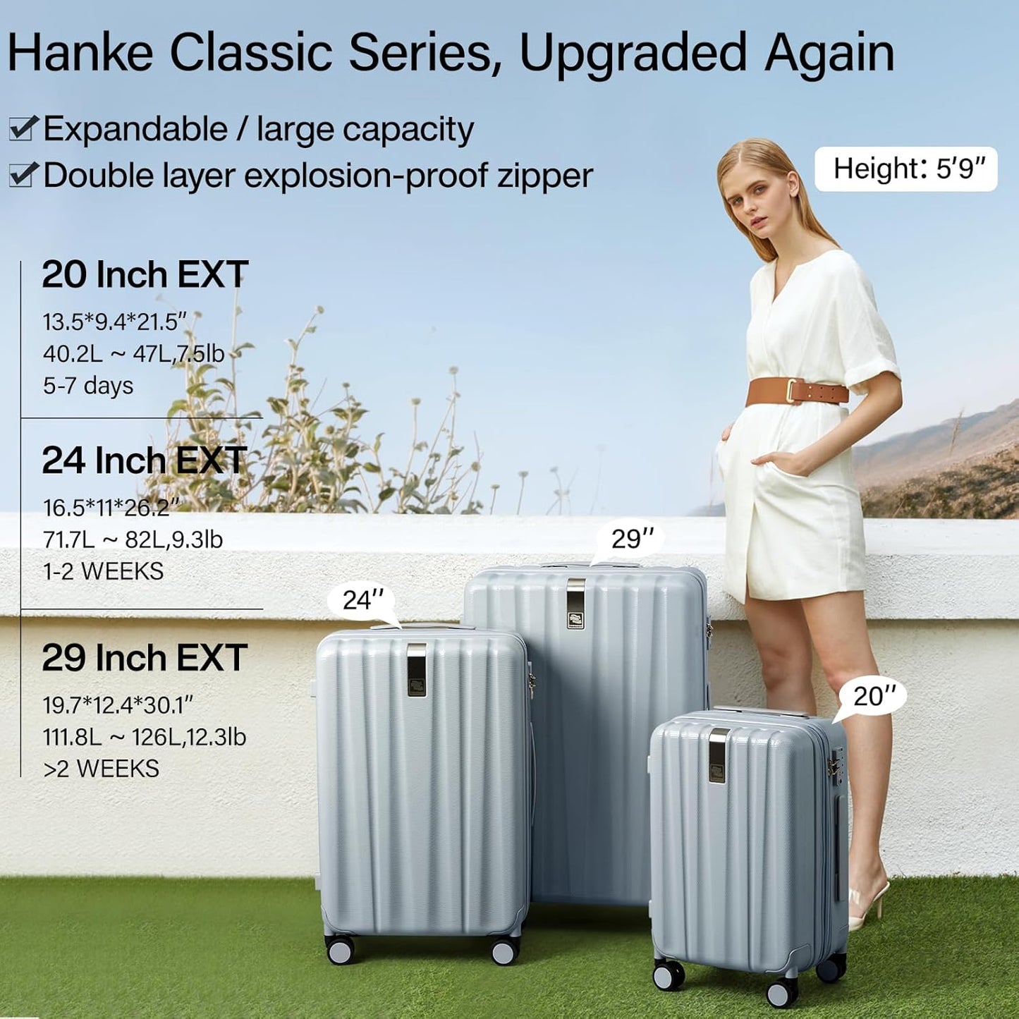 Hanke 20 Inch Expandable Carry on Luggage 22x14x9 Airline Approved Lightweight PC Hard Shell Suitcases with Wheels Travel Luggage Rolling Suitcase Travel Luggage Bag for Weekender(Gray)