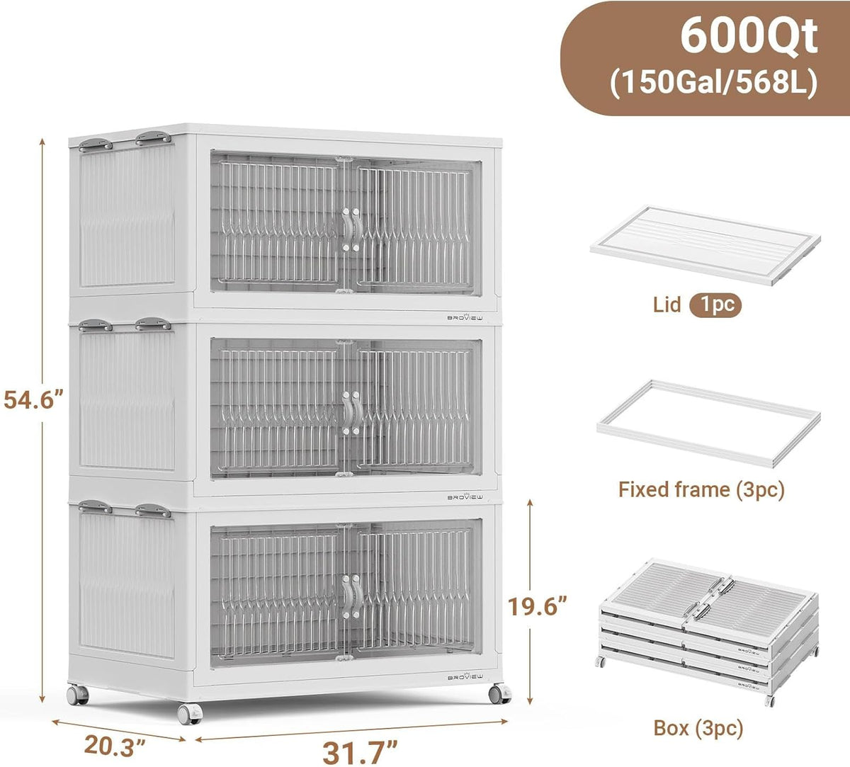 BROVIEW 600Qt Extra Large Stackable Storage Bins with Lid, Closet Organizer Collapsible Drawer Boxes with Wheels, Folding Plastic Cabinet Containers for Home Kitchen Room Organization, 3Pack White