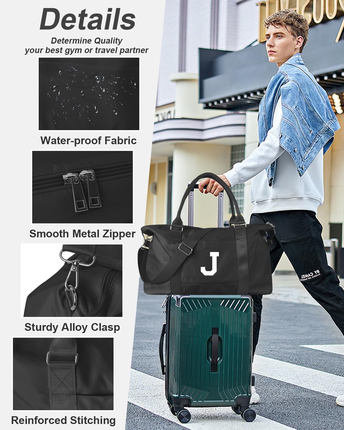 Initial Travel Duffel Bag Sports Gym Bag for Boys Teen Birthday Gifts,Black Personalized Weekender Bag Carry On Tote Bags for Men,Waterproof Overnight Luggage Bag Airplane Travel Essentials(Letter J)