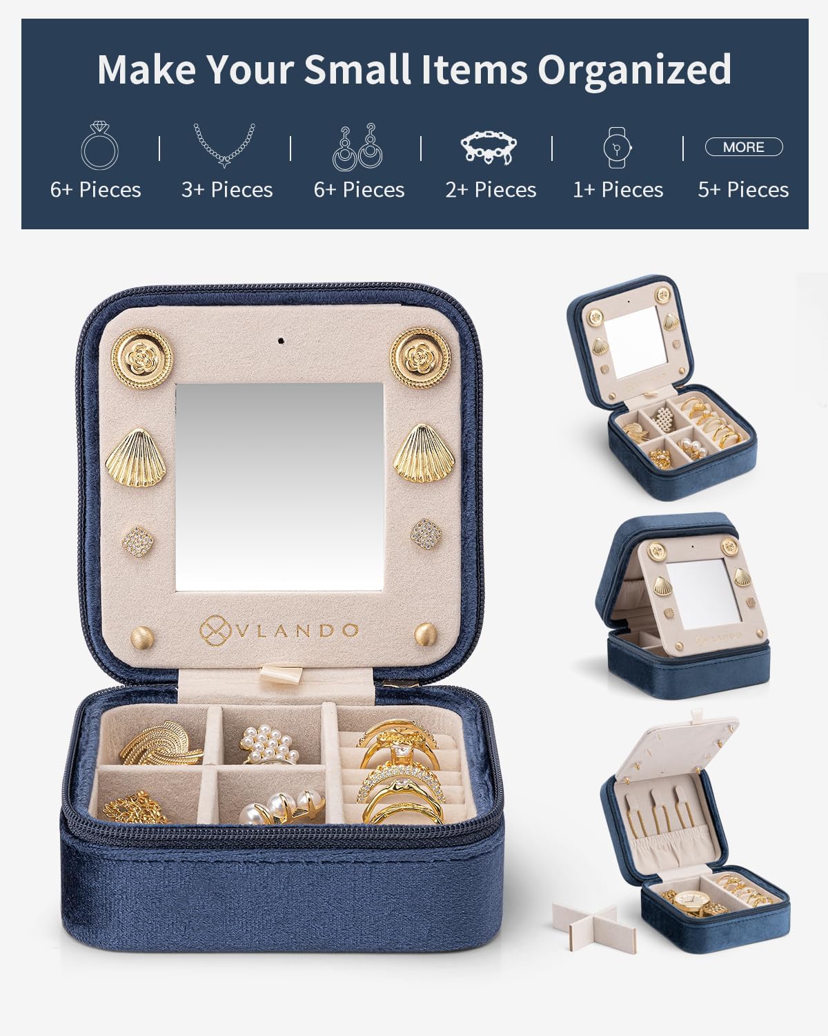 Vlando Velvet Jewelry Case, Travel Box for Women, Portable Organizer With Mirror - Small, Dark Blue