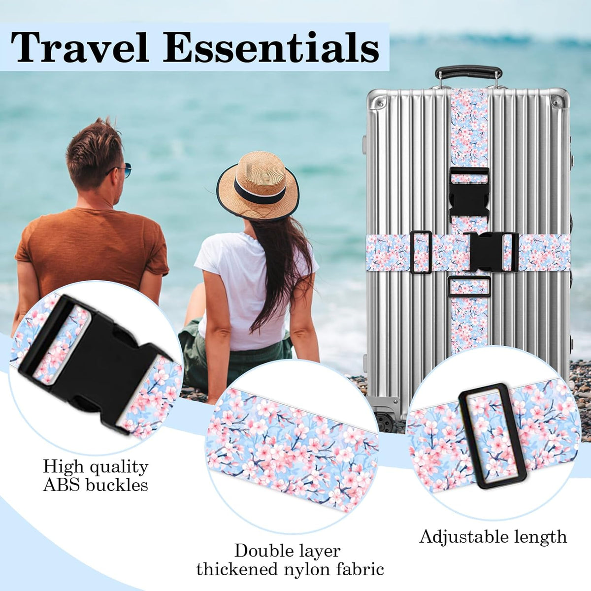 Cherry Blossoms Luggage Straps for Suitcases TSA Approved, Luggage Identifiers for Suitcase, Adjustable Suitcase Strap for Baggage Security with Cute Patten, Travel Necessary Accessories (2Pack)