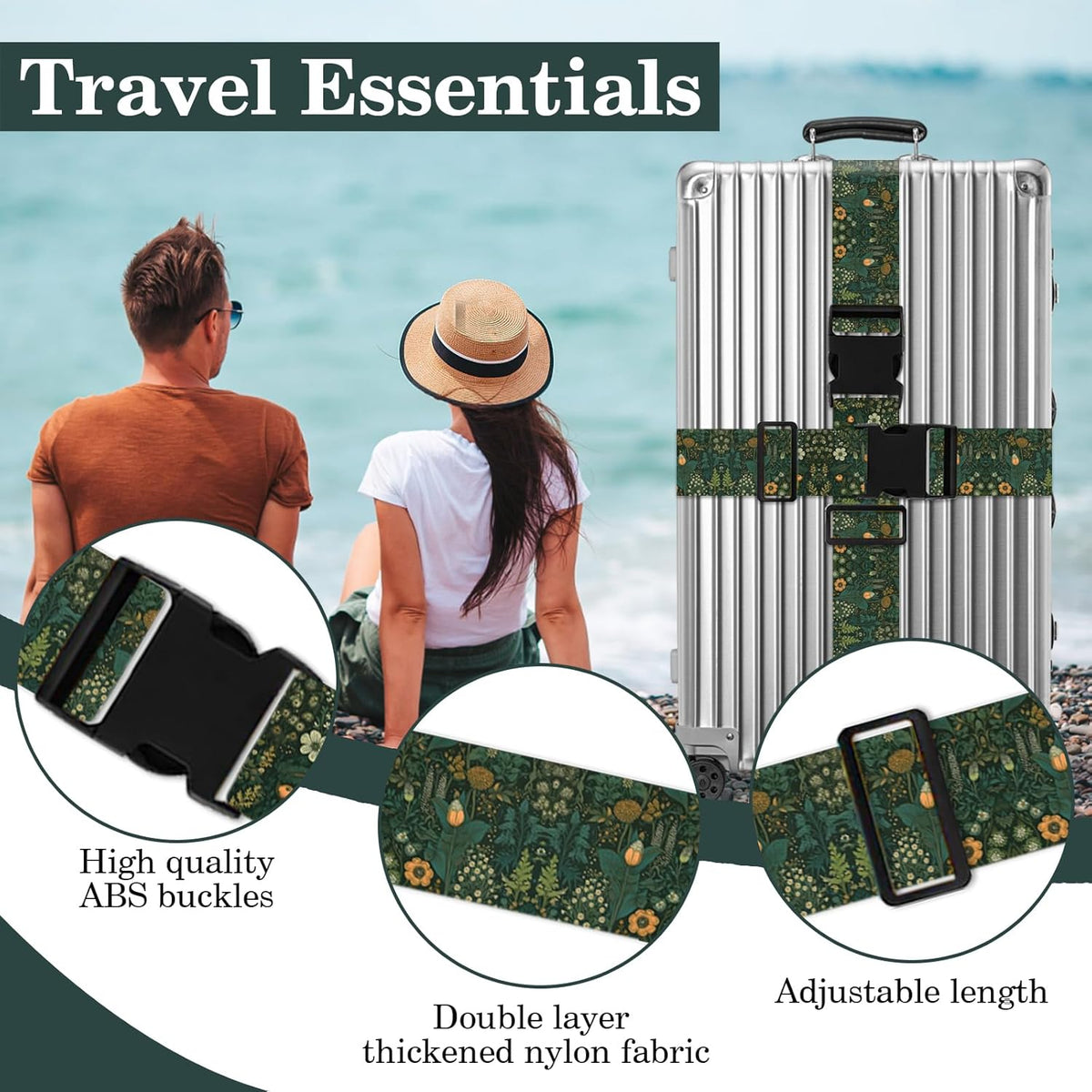 Luggage Straps for Suitcases TSA Approved, Luggage Identifiers for Suitcase, Adjustable Suitcase Strap for Baggage Security with Cute Patten, Travel Necessary Accessories (Sage Green)