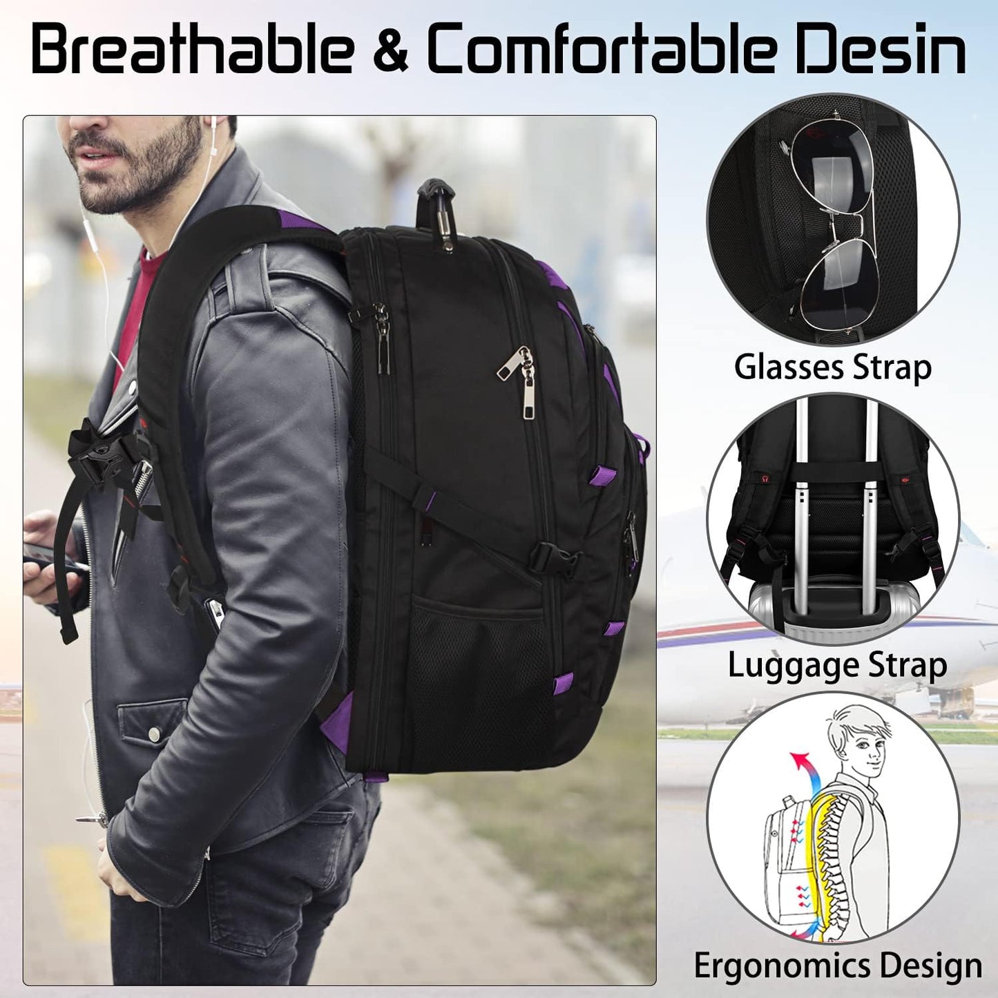 18.4 inch Travel Backpack Men Women, 55-60L Extra Large Laptop Backpack RFID Anti Theft TSA Friendly Flight Approved Backpacks, Water Resistant College School Heavy Duty With USB Charging Port, Purple