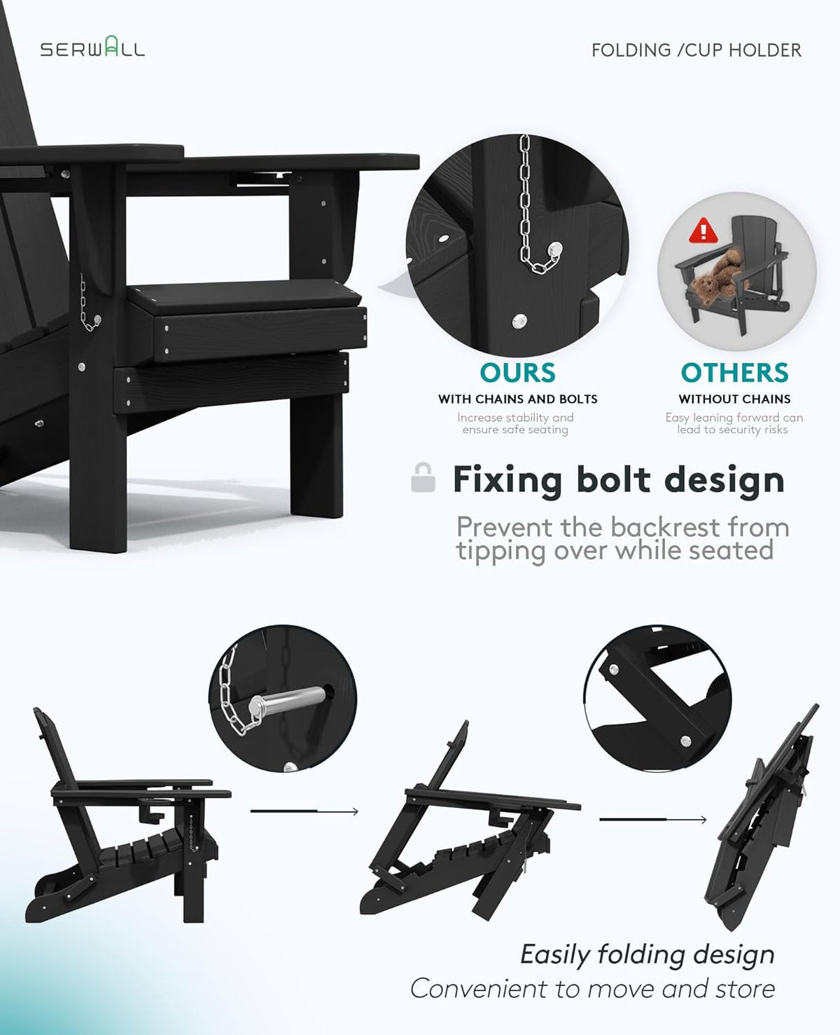 SERWALL HDPE Folding Adirondack Chair with Dual Cup Holder - Composite Adirondack Chair Set of 4- Black