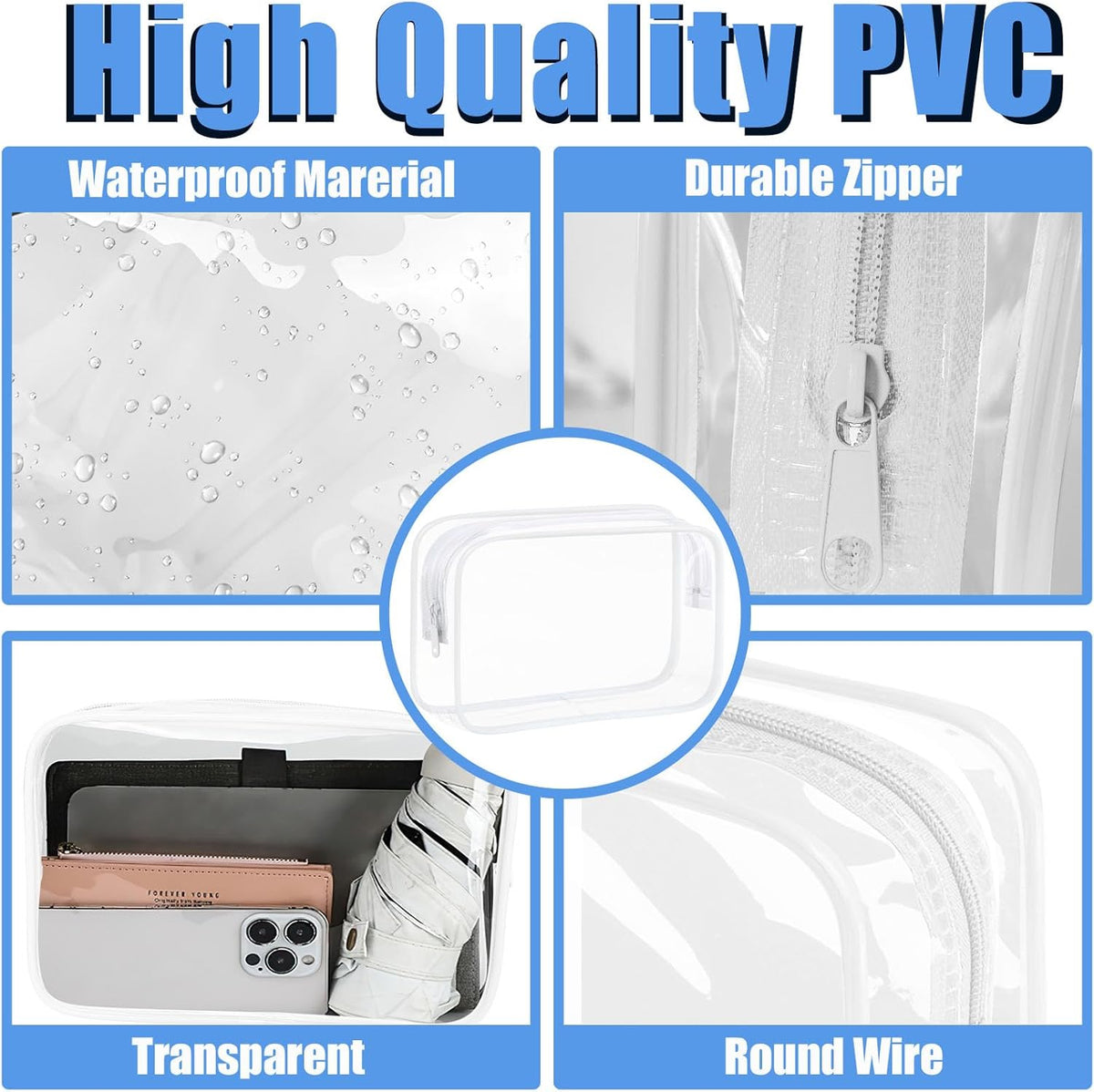3 Pack Clear Makeup Bags, Waterproof Toiletry Bag with Zipper, Transparent Travel Cosmetic Bag, TSA Approved Clear Organizer Bags, PVC Cosmetic Pouch Case for Vacation Airport Airline Compliant