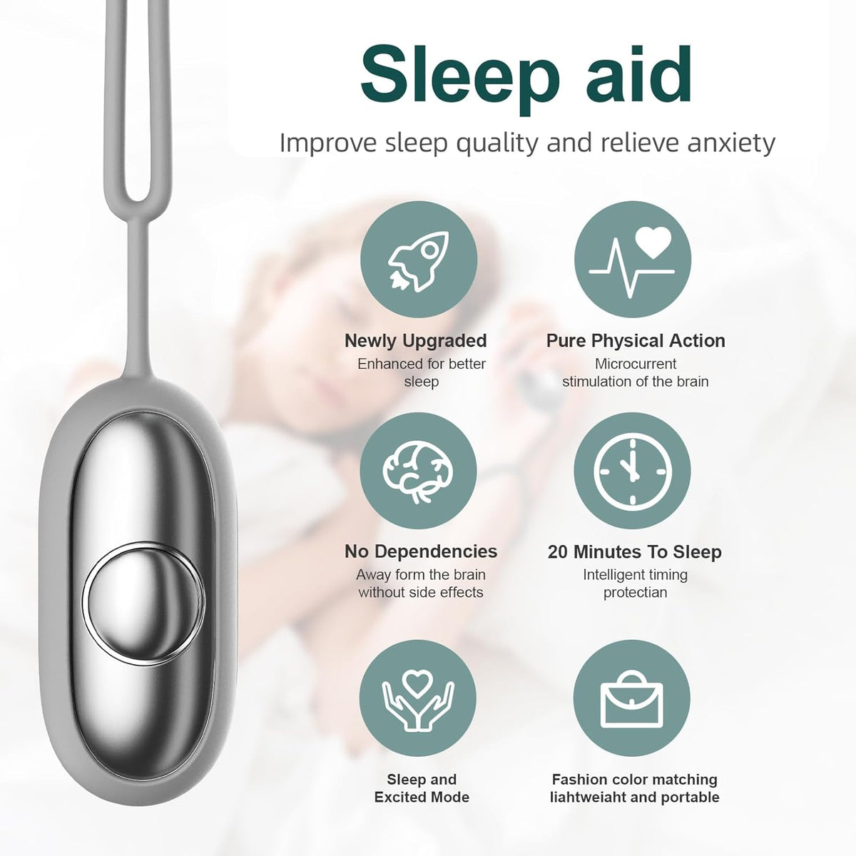 Sleep Aid Device, Micro-Current Sleep Instrument Anxiety Device, Portable Rechargeable Sleep Aid for Anxiety and Insomnia (Silver)