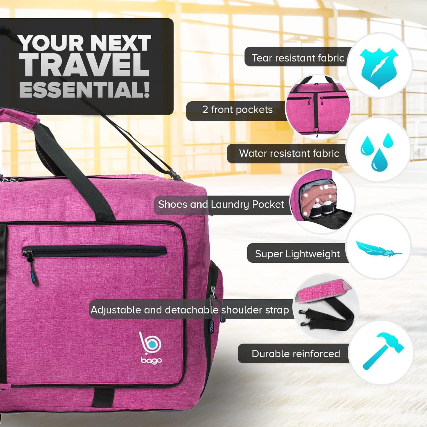 Bago Large Foldable Duffel Bags for Traveling Women & Men - 80L Packable Duffle Bag for Travel with Shoe Compartment - Water Repellant, Heavy Duty, Lightweight Folding & Collapsible (SnowPink)