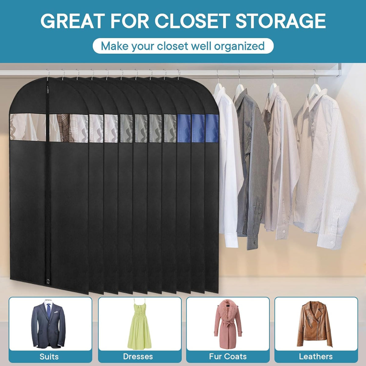 50" Black Garment Bag, Mens Suit Bags for Closet Storage and Travel, Garment Bags for Hanging Clothes, Suit Cover Bags with Zipper for Coats, Dresses, Shirts, 10 Packs