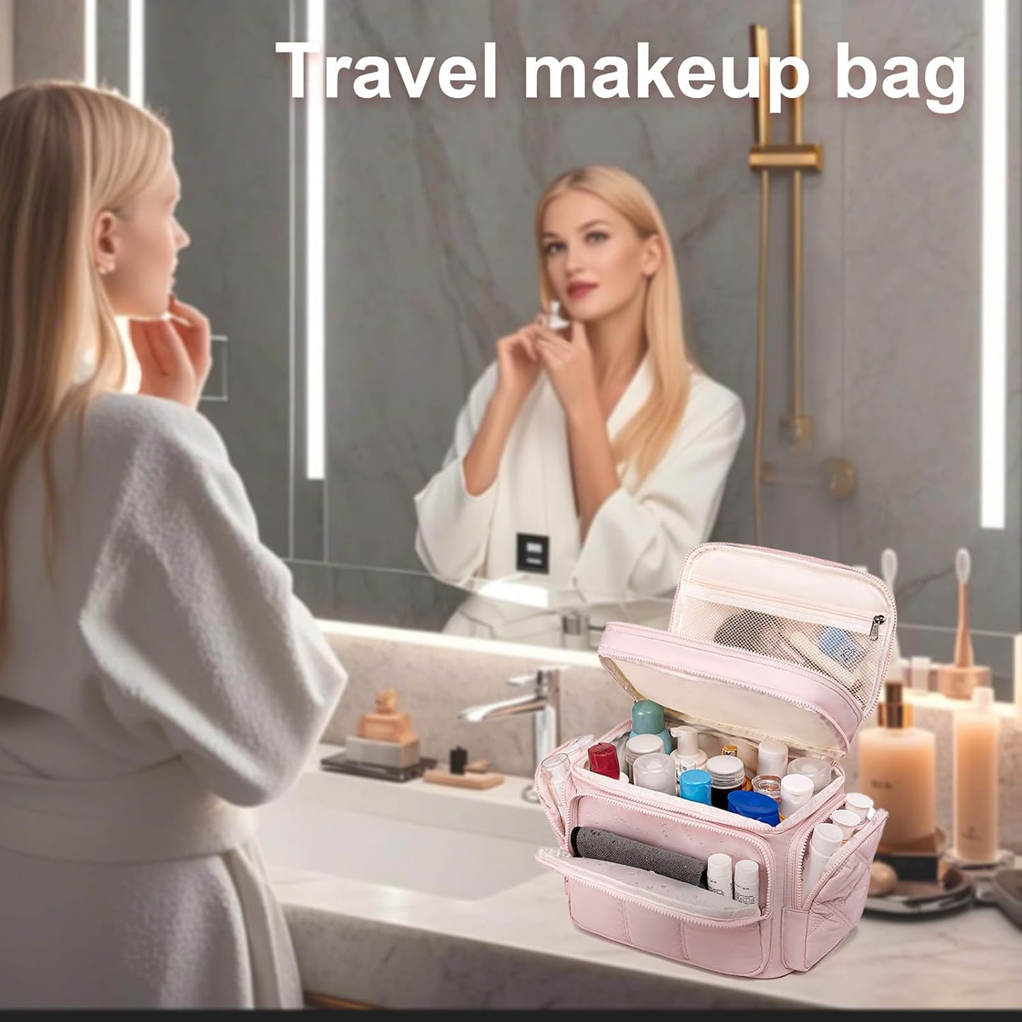 LEDAOU Toiletry Bag for Women,Quilted Travel Makeup Bag Organizer with Double Deck, Large Wide-open Cosmetic Make up Bag for Travel Essentials (Pink Puffy)