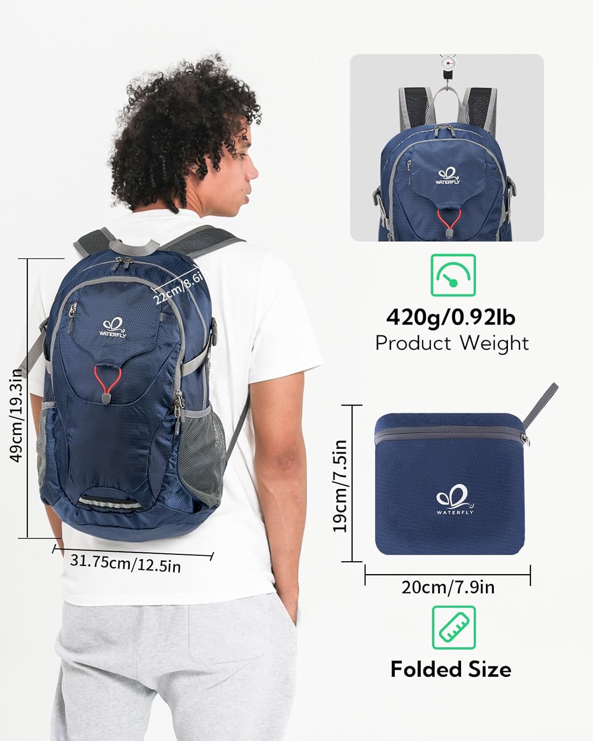 WATERFLY Lightweight Packable Hiking Backpack: 30L Foldable Travel Daypack Ultralight Camping Day Pack for Woman Man
