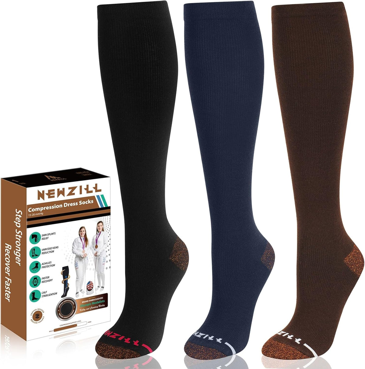 NEWZILL Copper Compression Socks for Women & Men 15-20mmHg Cotton Rich Odor Control Dress Socks for Business Casual Running Medical Athletic Support, Edema Diabetic Relief