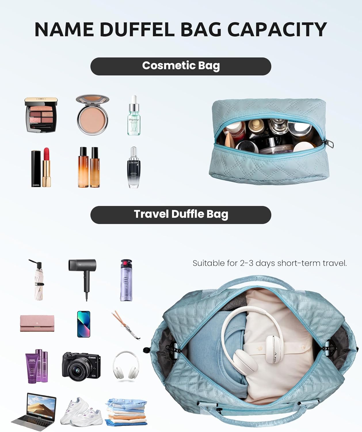 Gifts for Friends - Initial Personalized Weekender Duffle Bag with Shoe Compartment and Travel Makeup Bag for Daughter or Sister (Letter I)