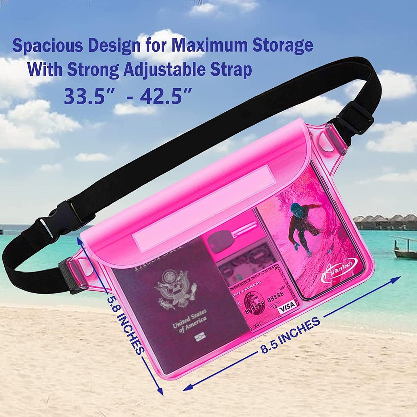 AiRunTech Waterproof Pouch with Waist Strap (2 Pack) | Beach Accessories Best Way to Keep Your Phone and Valuables Safe and Dry | Perfect for Boating Swimming Snorkeling Kayaking Beach Pool Water Park