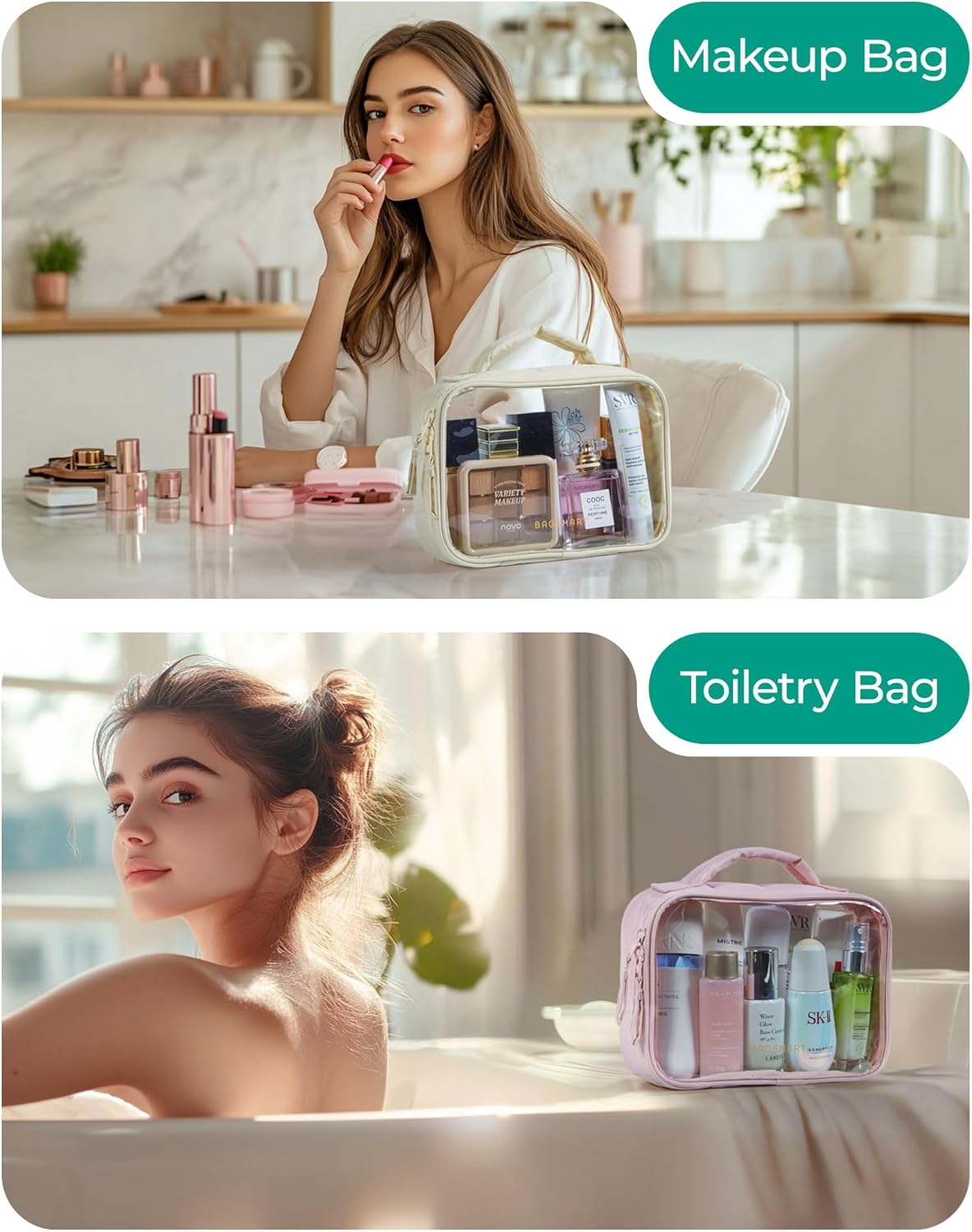 BAGSMART Clear TSA-Approved Toiletry Bag, Puffy Edges Travel Makeup Bag, Large Opening with Handle, Clear Cosmetic Bag with Double Zipper for Women