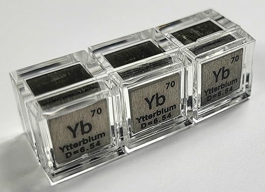 0.39" 10mm Ytterbium Metal Cube Yb up to 99.9% Pure Periodic Table Element Engraved Density Collection Science Education Display Block Cube + Acrylic Case Box - 1PC