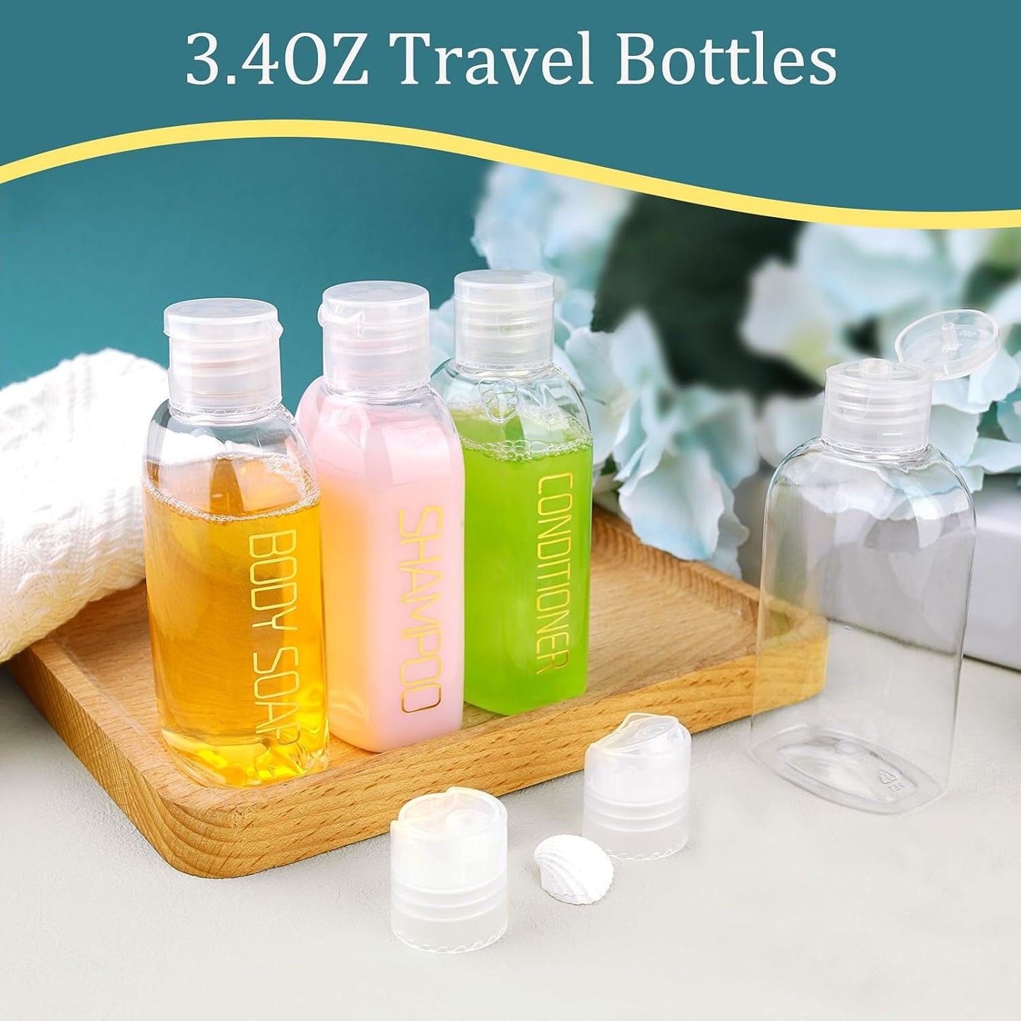 Cosywell Leakproof Squeeze Bottles Travel Kit - 4pc 3.4 oz TSA Approved for Shampoo, Conditioner and Toiletries