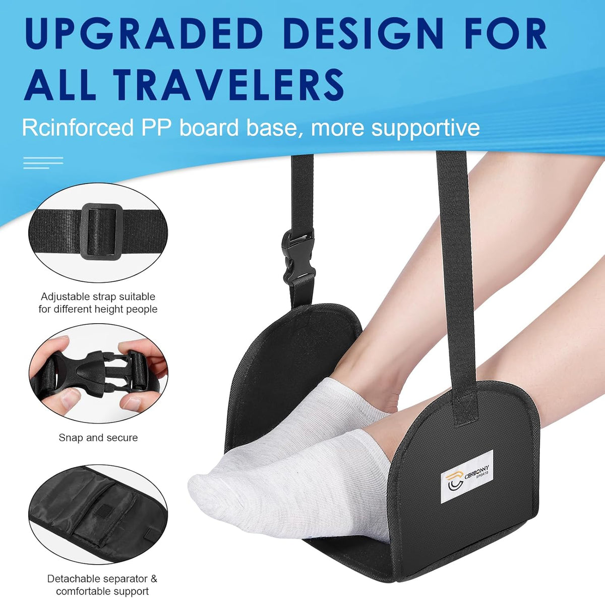 CERBONNY Airplane Foot Rest - Portable and Adjustable Foot Hammock, Travel Flight Essential for Relaxing Your Feet During Journeys - Office Footrests (Black)